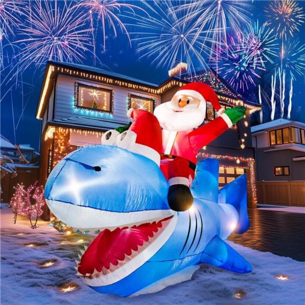 Adorable 8.7ft Shark Christmas Inflatable with LED Lights